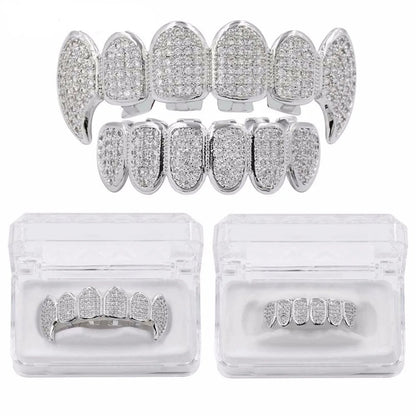 New Fit Silver Plated CZ Micro Pave Top & Bottom GRILL SET Rhodium Teeth Grills Vampire Tooth Grillz - DripVault