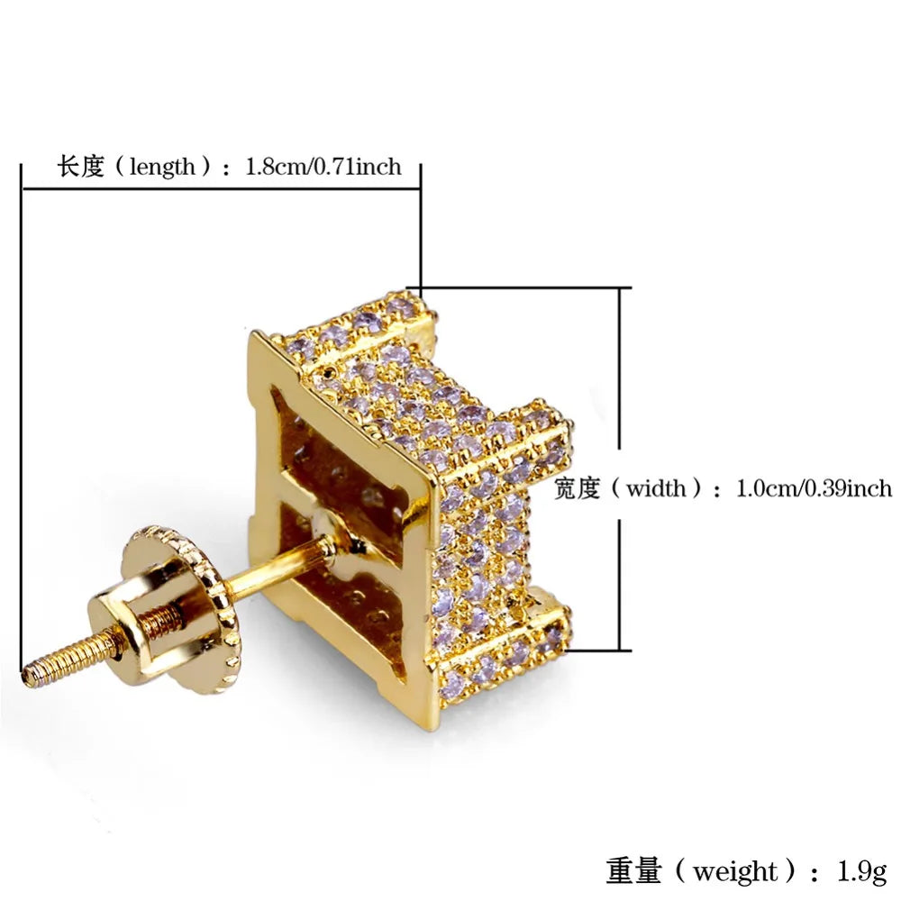 Iced Out Micro Pave CZ Stone Square Stud Earring Hip Hop Rock Jewelry Earrings For Women Men - DripVault