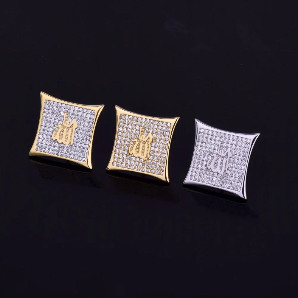 Religious Allah Gold Color Arabic Earrings Iced Cubic Zirconia Stud Earring Men's Hip Hop Jewelry For Friend Gift 15mm - DripVault