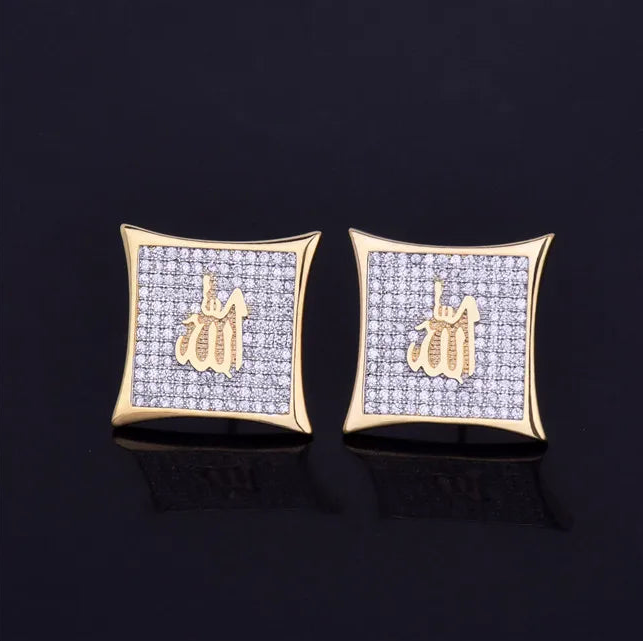 Religious Allah Gold Color Arabic Earrings Iced Cubic Zirconia Stud Earring Men's Hip Hop Jewelry For Friend Gift 15mm - DripVault