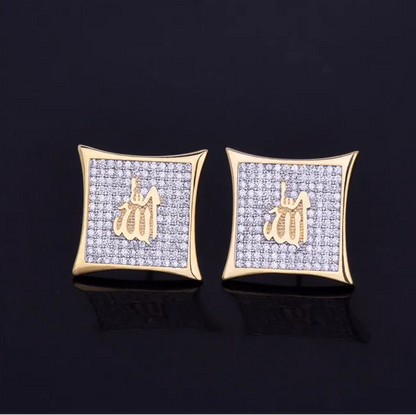 Religious Allah Gold Color Arabic Earrings Iced Cubic Zirconia Stud Earring Men's Hip Hop Jewelry For Friend Gift 15mm - DripVault