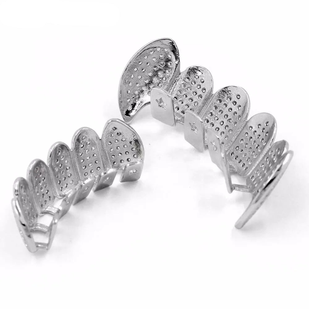 New Fit Silver Plated CZ Micro Pave Top & Bottom GRILL SET Rhodium Teeth Grills Vampire Tooth Grillz - DripVault