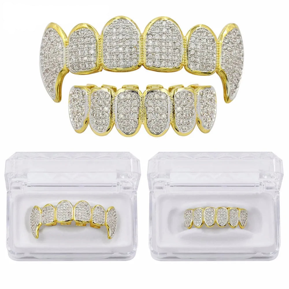 New Fit Silver Plated CZ Micro Pave Top & Bottom GRILL SET Rhodium Teeth Grills Vampire Tooth Grillz - DripVault