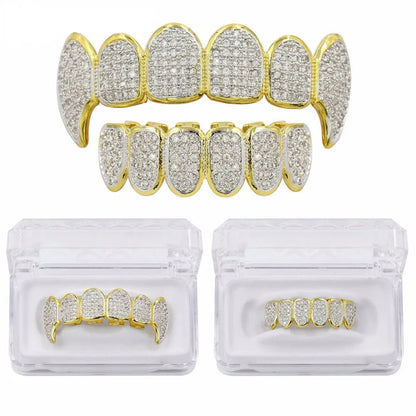 New Fit Silver Plated CZ Micro Pave Top & Bottom GRILL SET Rhodium Teeth Grills Vampire Tooth Grillz - DripVault
