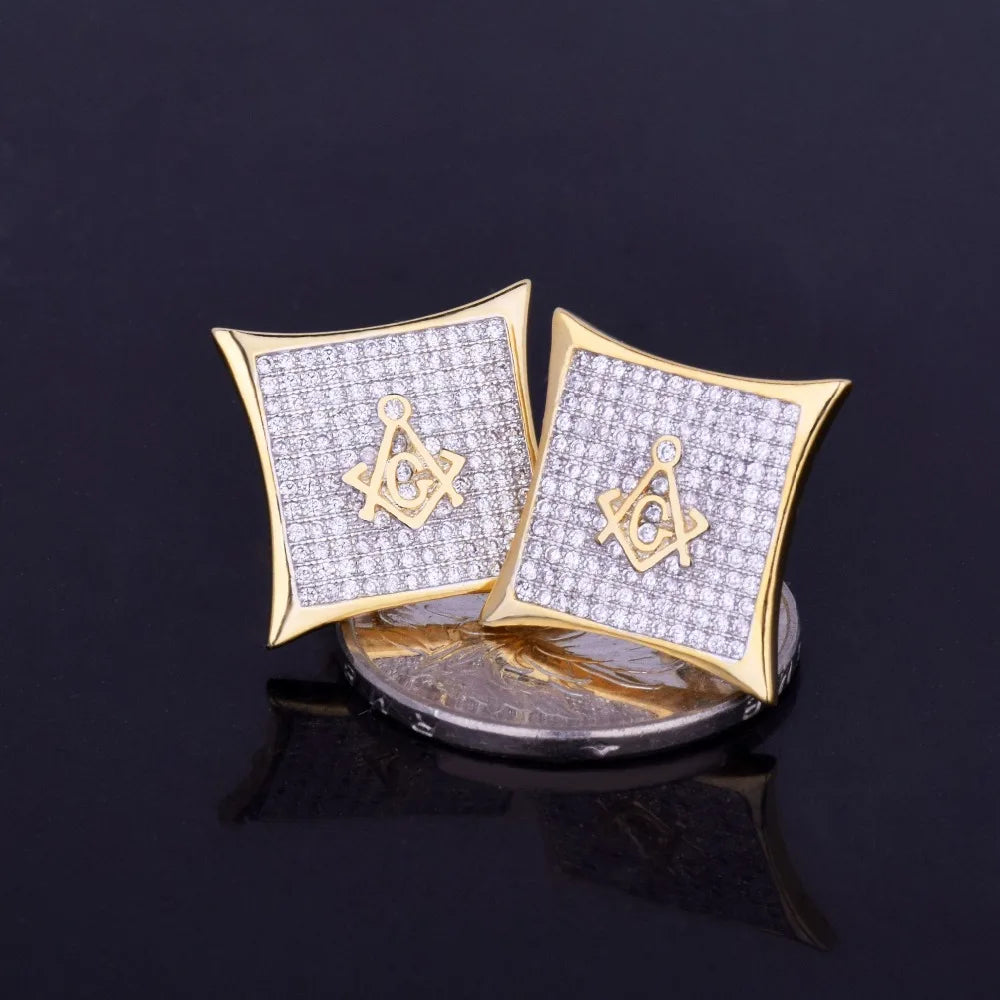 Iced Square Masonic Freemasonry Stud Earring Gold Color Cubic Zircon Earrings For Men Hip Hop Jewelry For Gift 15mm - DripVault