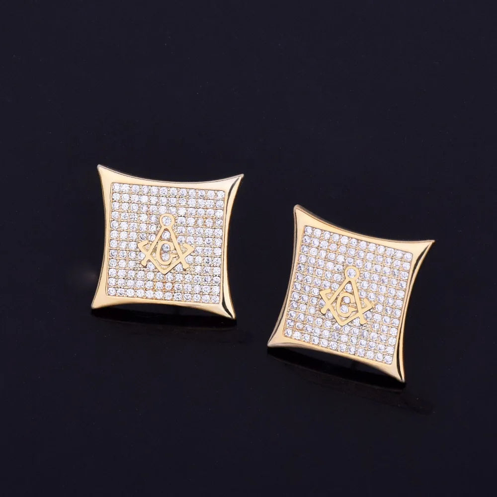 Iced Square Masonic Freemasonry Stud Earring Gold Color Cubic Zircon Earrings For Men Hip Hop Jewelry For Gift 15mm - DripVault