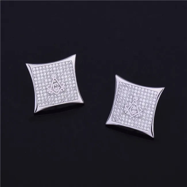 Iced Square Masonic Freemasonry Stud Earring Gold Color Cubic Zircon Earrings For Men Hip Hop Jewelry For Gift 15mm - DripVault