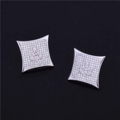 Iced Square Masonic Freemasonry Stud Earring Gold Color Cubic Zircon Earrings For Men Hip Hop Jewelry For Gift 15mm - DripVault