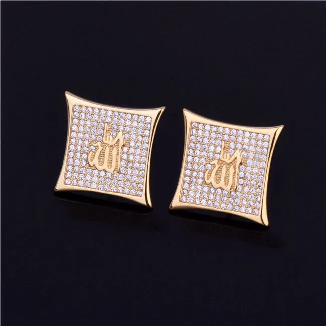 Religious Allah Gold Color Arabic Earrings Iced Cubic Zirconia Stud Earring Men's Hip Hop Jewelry For Friend Gift 15mm - DripVault