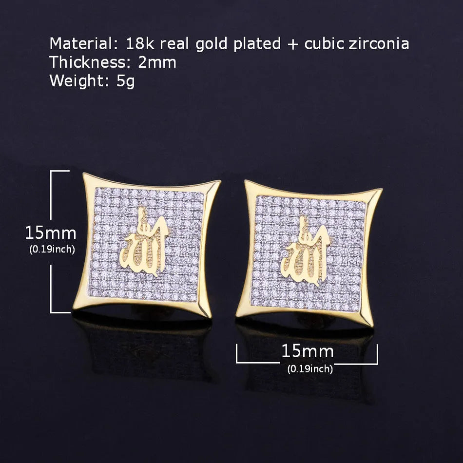 Religious Allah Gold Color Arabic Earrings Iced Cubic Zirconia Stud Earring Men's Hip Hop Jewelry For Friend Gift 15mm - DripVault