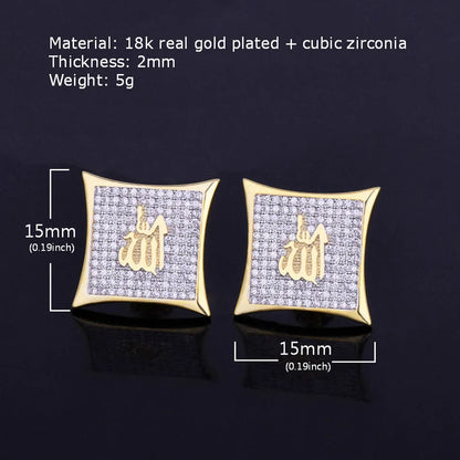 Religious Allah Gold Color Arabic Earrings Iced Cubic Zirconia Stud Earring Men's Hip Hop Jewelry For Friend Gift 15mm - DripVault