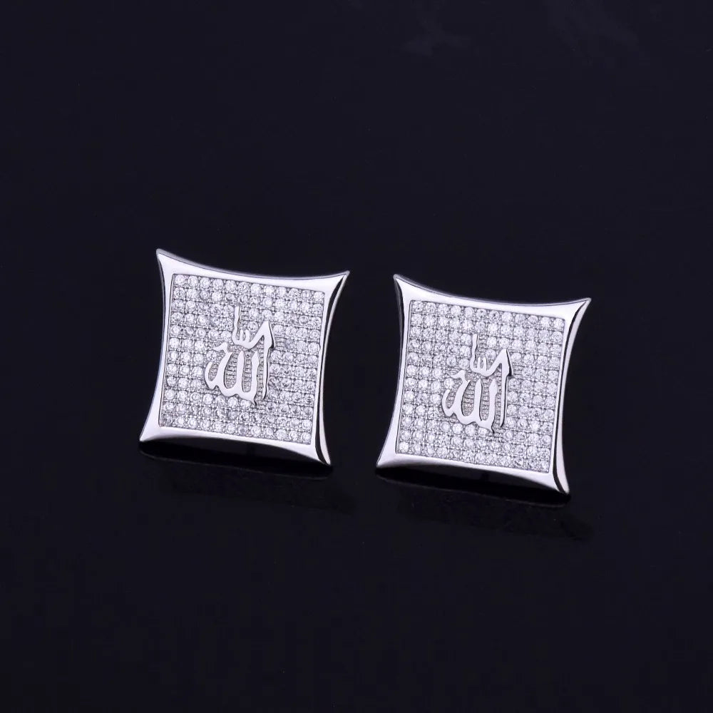 Religious Allah Gold Color Arabic Earrings Iced Cubic Zirconia Stud Earring Men's Hip Hop Jewelry For Friend Gift 15mm - DripVault