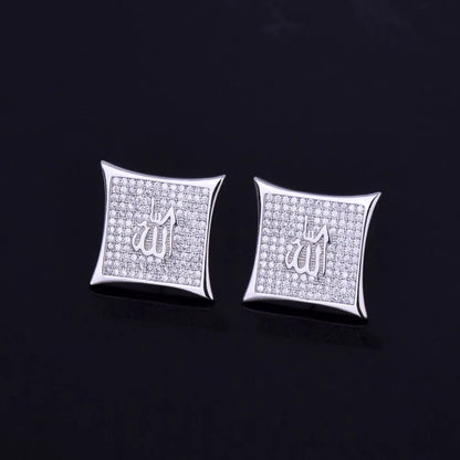 Religious Allah Gold Color Arabic Earrings Iced Cubic Zirconia Stud Earring Men's Hip Hop Jewelry For Friend Gift 15mm - DripVault
