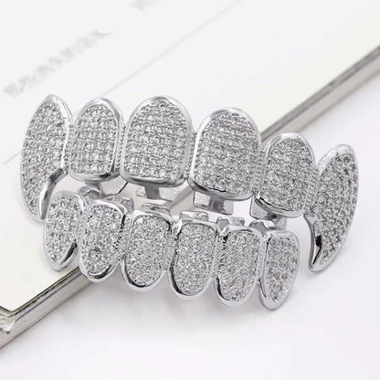 New Fit Silver Plated CZ Micro Pave Top & Bottom GRILL SET Rhodium Teeth Grills Vampire Tooth Grillz - DripVault