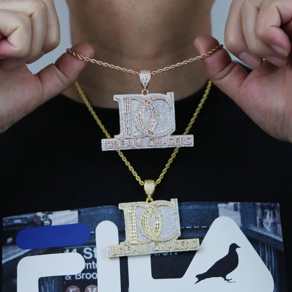 New Iced Out Bling Two Tone Color CZ Letter DC Pendant Necklace Dream Chasers Charm Men Fashion Hip Hop Jewelry - DripVault