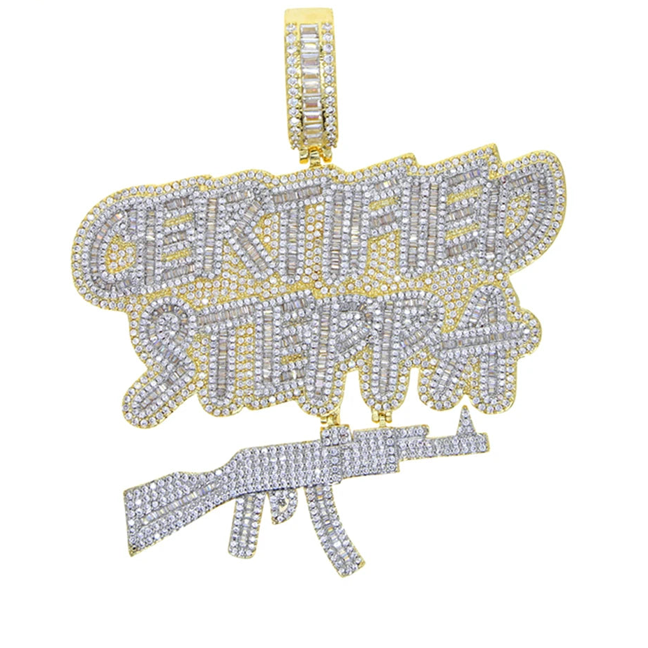 Iced Out Bling Two Tone Color CZ Letters Pendant Necklace Cubic Zirconia Various Design Badge Men Women Fashion Hip Hop Jewelry - DripVault