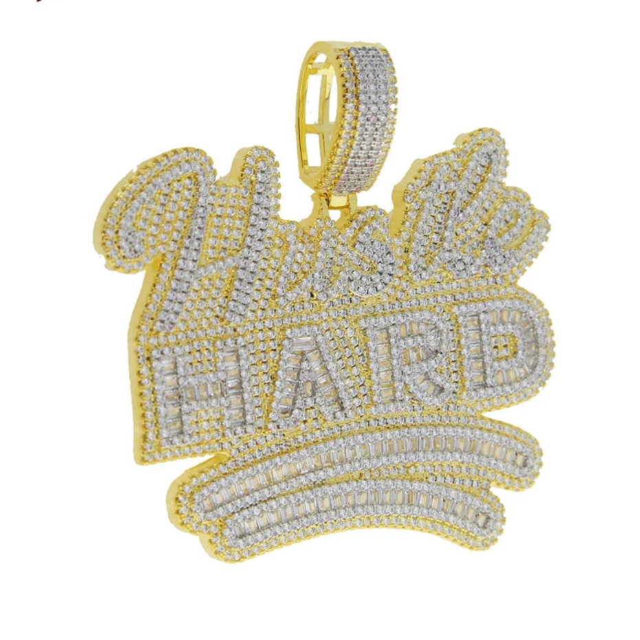 Iced Out Bling Two Tone Color CZ Letters Pendant Necklace Cubic Zirconia Various Design Badge Men Women Fashion Hip Hop Jewelry - DripVault