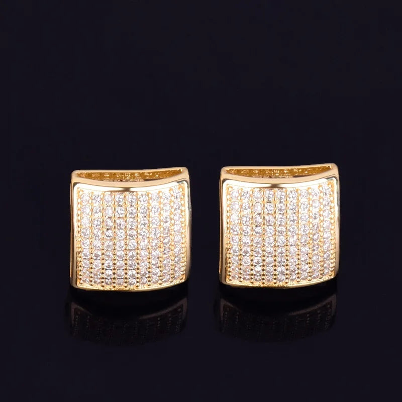 12MM Square Men Women Stud Earring Gold Color Iced Cubic Zircon Screw Back Earrings Hip Hop Jewelry - DripVault