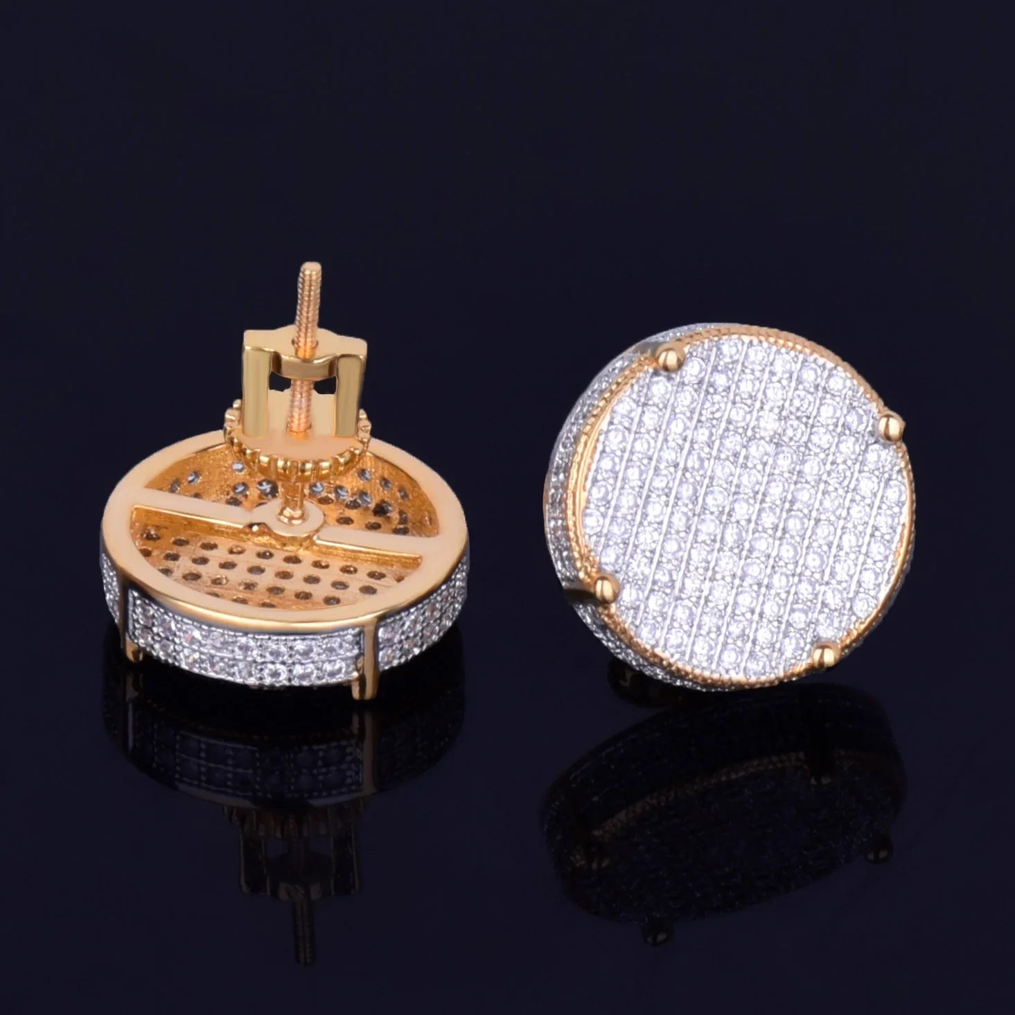 14MM Gold Color Big Round Stud Earring AAAAA Cubic Zircon Screw Back Men's Earrings Fashion Hip Hop Jewelry - DripVault