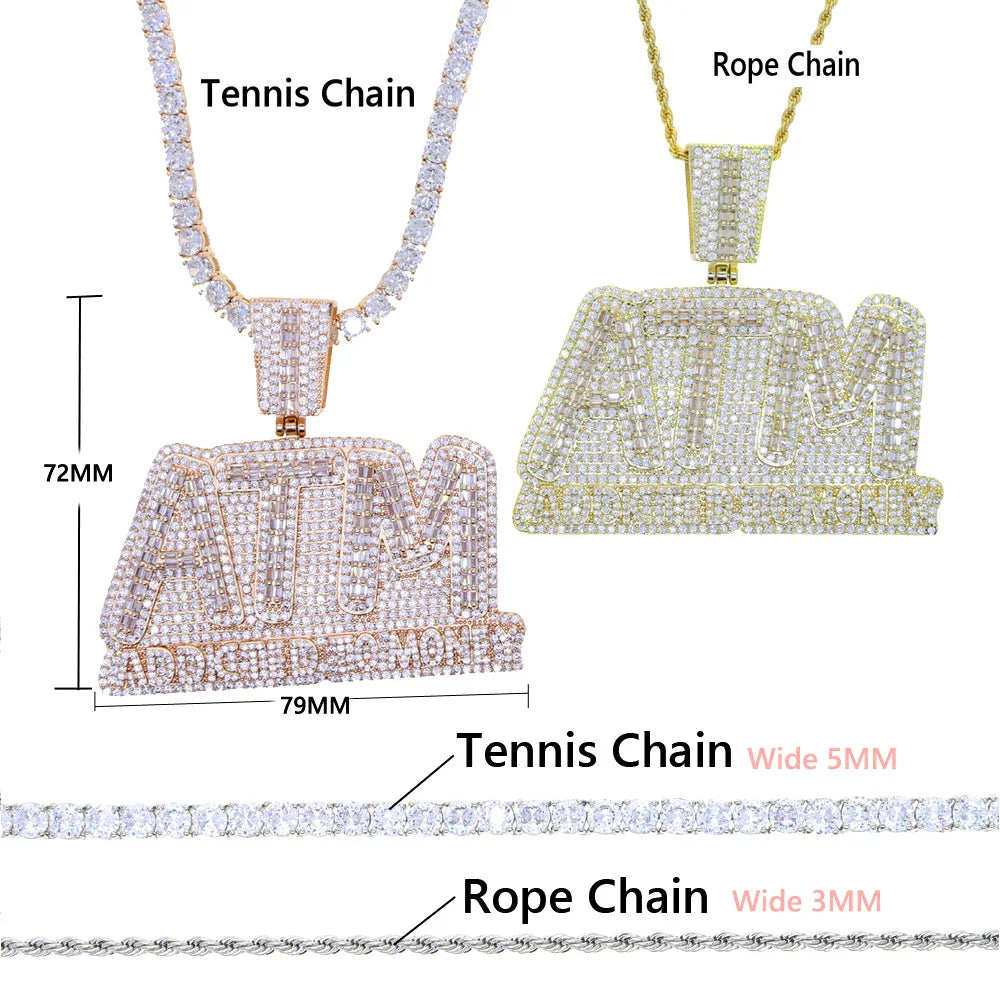 Iced Out Bling 5A CZ Letters ATM Addicted To Money Pendant Necklace 2 Colors Cubicz Zircon Men's HipHop 5mm Tennis Chain Jewelry - DripVault