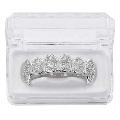 New Fit Silver Plated CZ Micro Pave Top & Bottom GRILL SET Rhodium Teeth Grills Vampire Tooth Grillz - DripVault