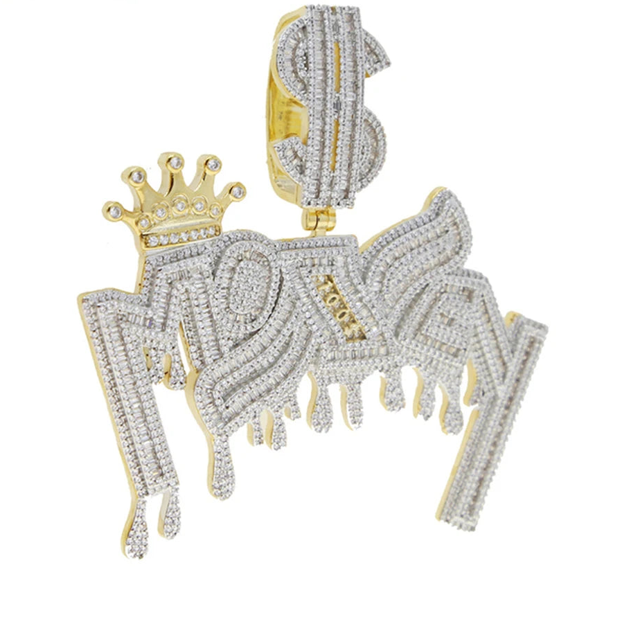 New Iced Out Bling Crown Letters Money Pendant Necklace Two Tone Color CZ Zircon Dollar Symbol Necklaces Men's Hip Hop Jewelry - DripVault