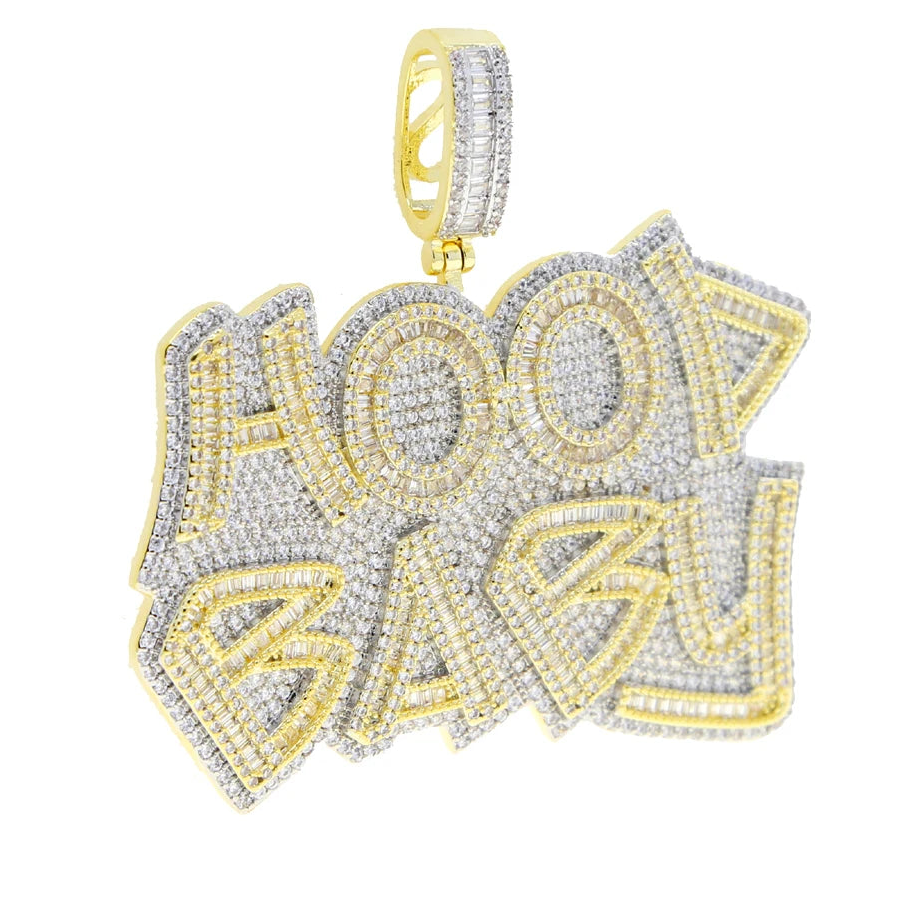 Iced Out Bling Two Tone Color CZ Letters Pendant Necklace Cubic Zirconia Various Design Badge Men Women Fashion Hip Hop Jewelry - DripVault