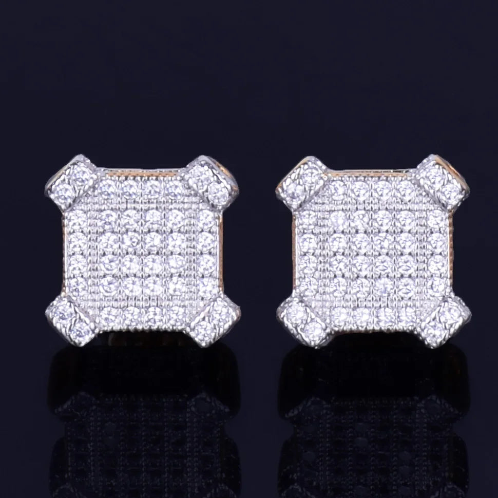 10MM Square Stud Earring Gold Color Charm Screw Back Full AAAA Zircon Women Men's Fashion Earrings Hip Hop Jewelry - DripVault