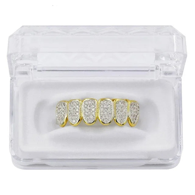 New Fit Silver Plated CZ Micro Pave Top & Bottom GRILL SET Rhodium Teeth Grills Vampire Tooth Grillz - DripVault