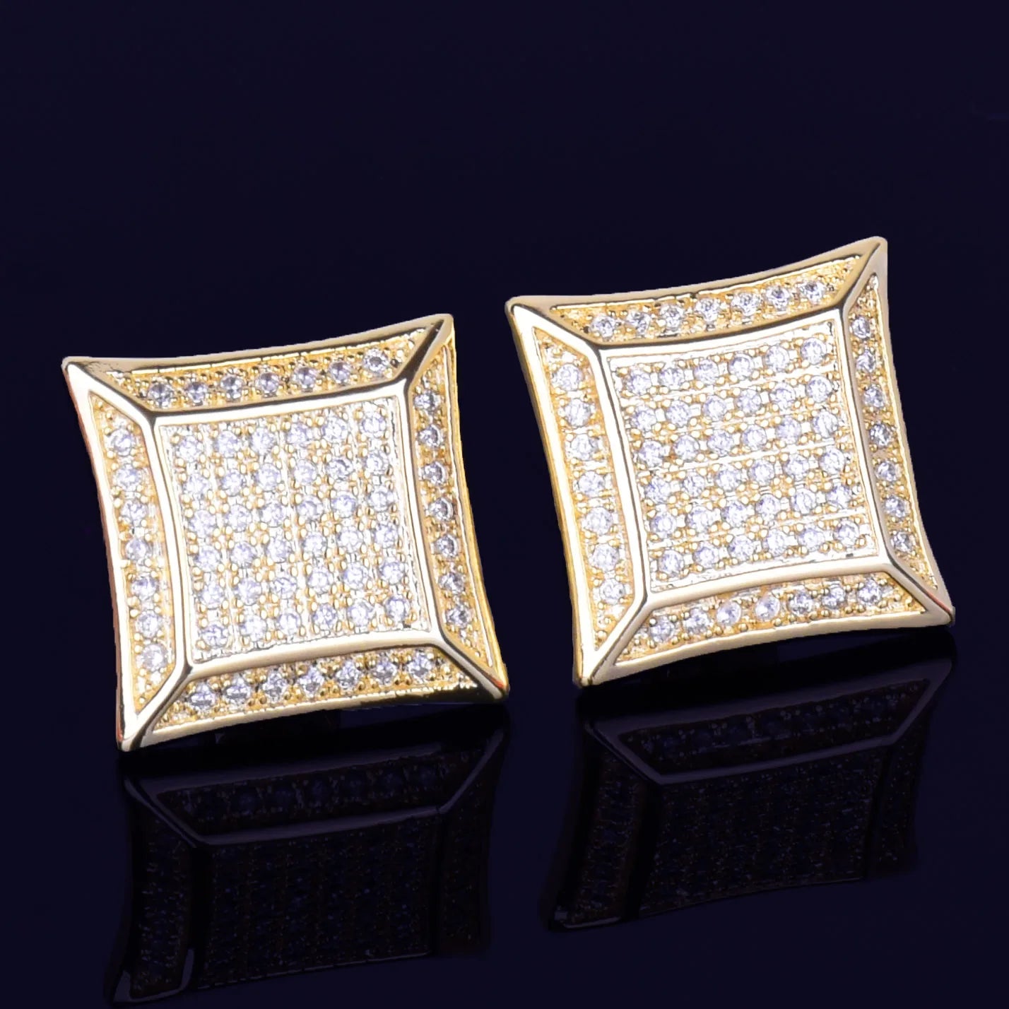 15MM Big Square Men Stud Earring Gold Color Full Cubic Zircon Screw Back Earrings Hip Hop Jewelry for Women - DripVault