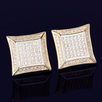 15MM Big Square Men Stud Earring Gold Color Full Cubic Zircon Screw Back Earrings Hip Hop Jewelry for Women - DripVault