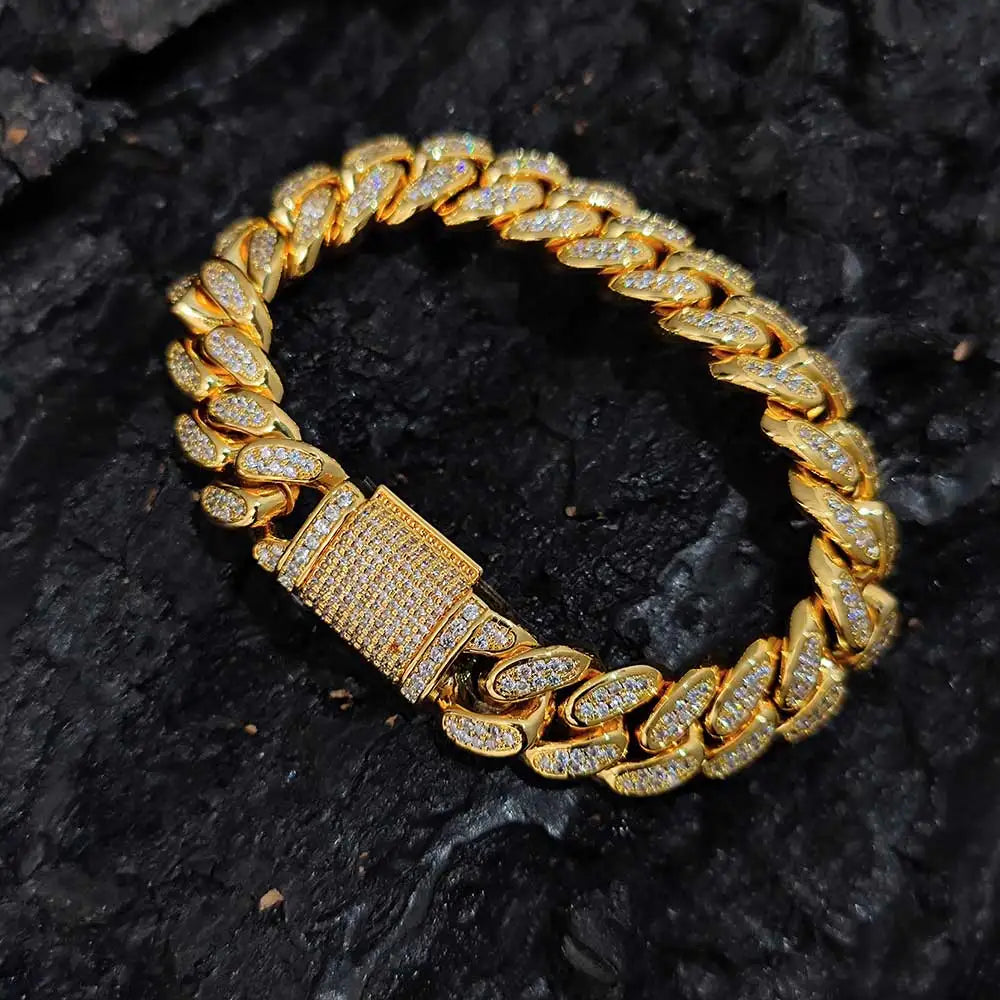 12mm Double Row Full Diamond Miami Cuban Link Bracelet Gold Silver Bling Cubic Zirconia Cuban Link Bracelet for Men - DripVault