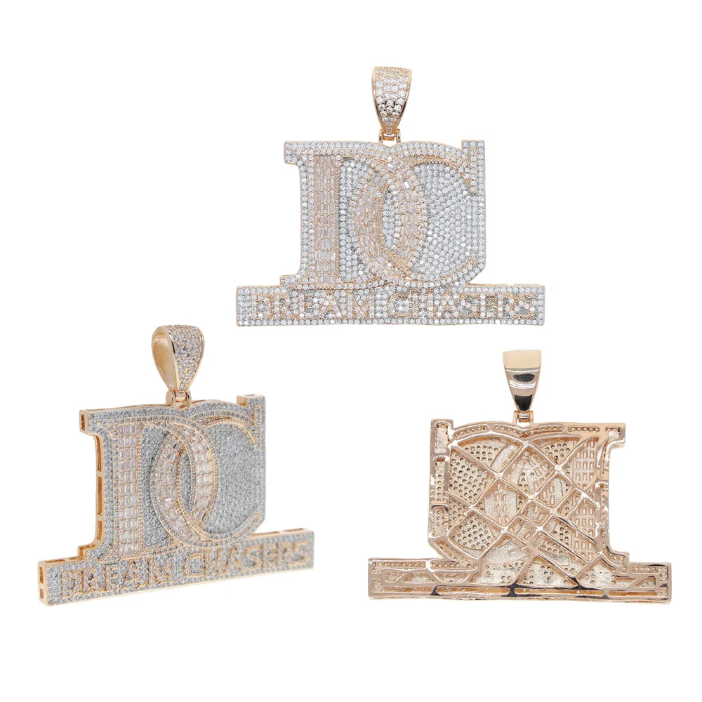 New Iced Out Bling Two Tone Color CZ Letter DC Pendant Necklace Dream Chasers Charm Men Fashion Hip Hop Jewelry - DripVault