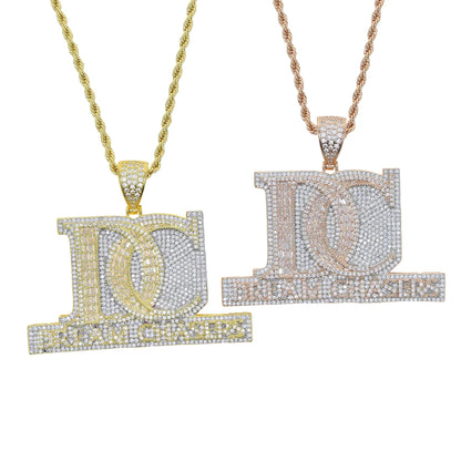 New Iced Out Bling Two Tone Color CZ Letter DC Pendant Necklace Dream Chasers Charm Men Fashion Hip Hop Jewelry - DripVault