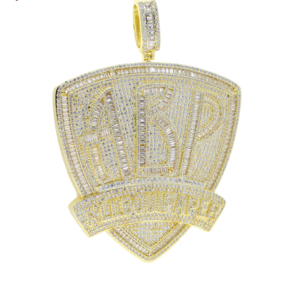 Iced Out Bling Two Tone Color CZ Letters Pendant Necklace Cubic Zirconia Various Design Badge Men Women Fashion Hip Hop Jewelry - DripVault