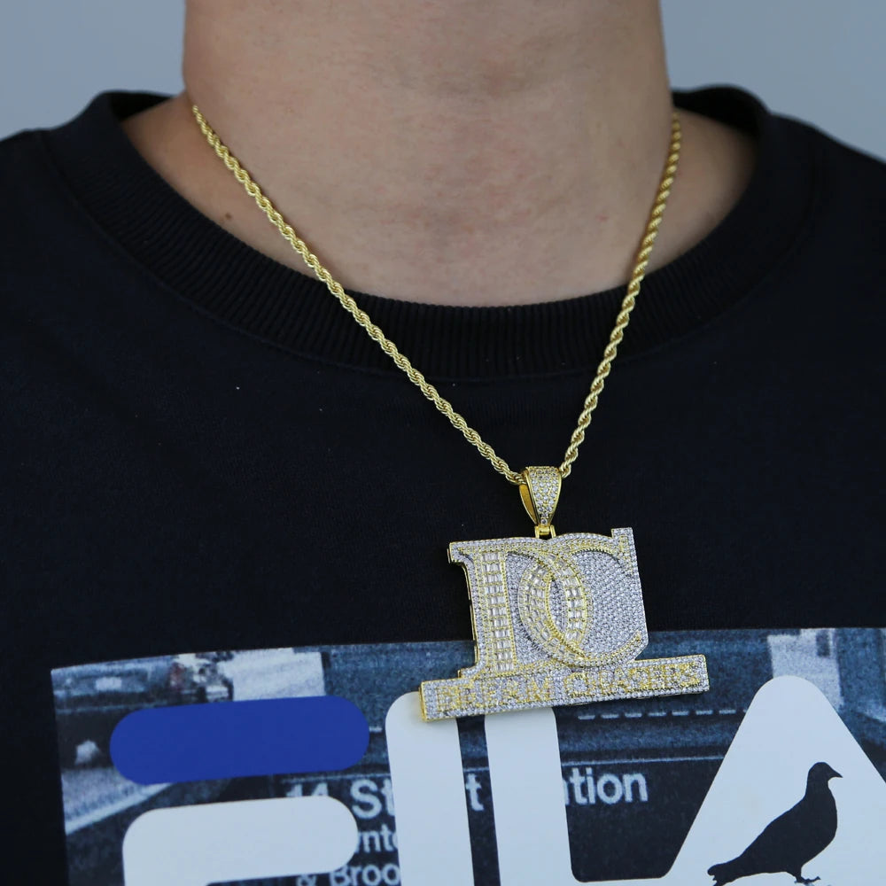 New Iced Out Bling Two Tone Color CZ Letter DC Pendant Necklace Dream Chasers Charm Men Fashion Hip Hop Jewelry - DripVault