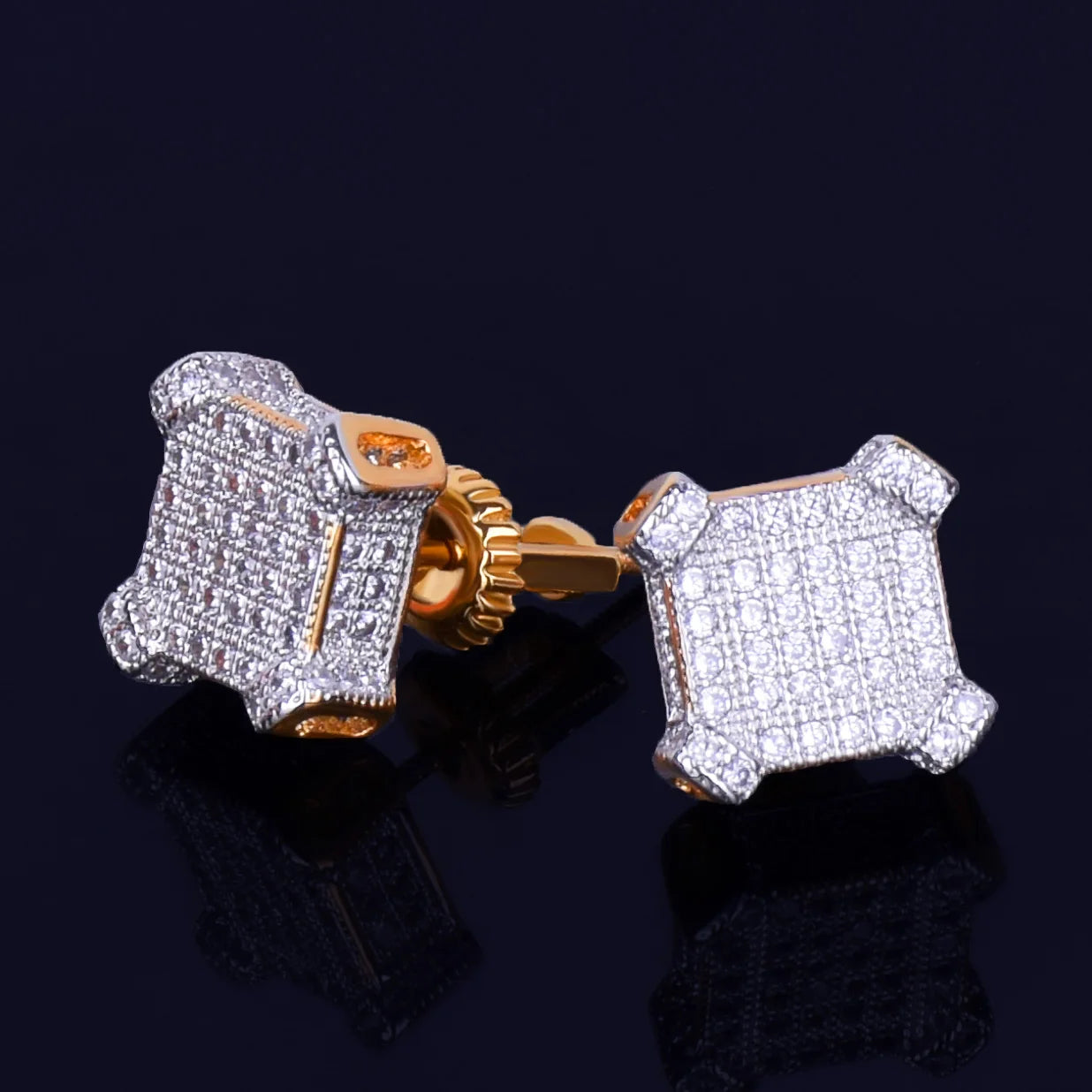 10MM Square Stud Earring Gold Color Charm Screw Back Full AAAA Zircon Women Men's Fashion Earrings Hip Hop Jewelry - DripVault
