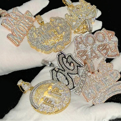 Iced Out Bling Two Tone Color CZ Letters Pendant Necklace Cubic Zirconia Various Design Badge Men Women Fashion Hip Hop Jewelry - DripVault