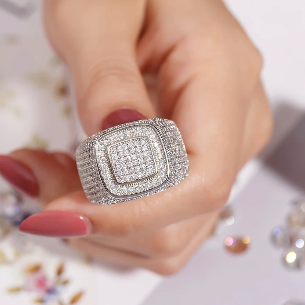 Luxury Hip Hop Micro Pave sona Diamond Stones All Iced Out Bling Ring Big 925 Sterling silver Rings for Men Jewelry - DripVault