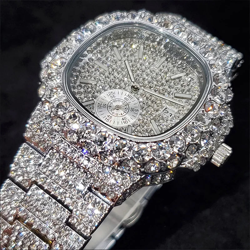 Luxury Diamond Watch Men Hip Hop Street Petek Style Date Display Quartz Timepiece Iced Out Party Jewelry Wristwatch - DripVault
