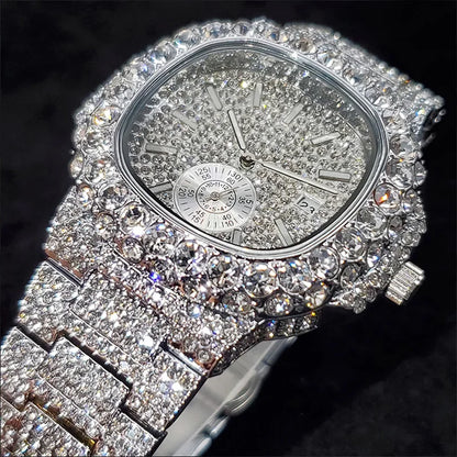 Luxury Diamond Watch Men Hip Hop Street Petek Style Date Display Quartz Timepiece Iced Out Party Jewelry Wristwatch - DripVault