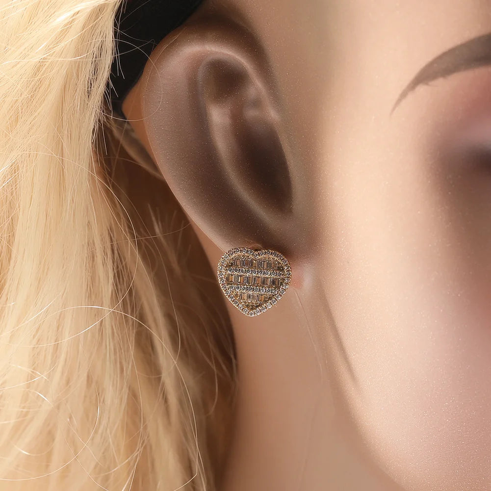 Heart Shaped Screw Back Stud Earring Iced Out Baguette Cubic Zirconia Men Women Hiphop Jewelry Best Gift - DripVault