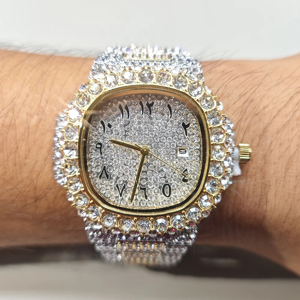 Luxury Brand Men Quartz Watch Fashion Square Hip Hop Big Pointer Diamond Out Sparkling Jewelry Waterproof Stainless Steel Wristwatch Man New - DripVault