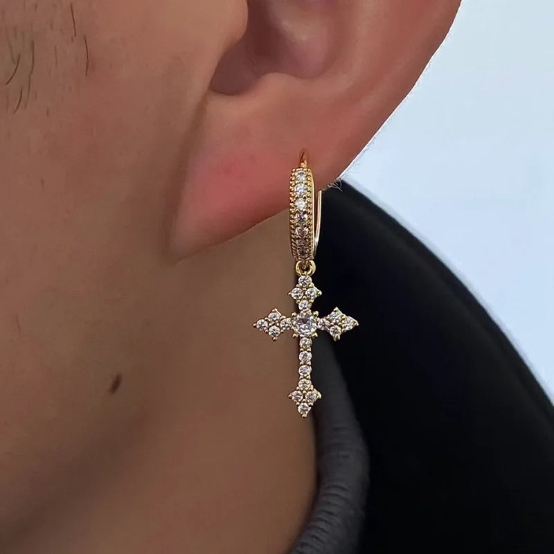 2Pcs Men's Punk Cross Earrings for Women Men Classic Shiny Rhinestone Ear Buckle Earring Fashion Hiphop Party Jewelry - DripVault