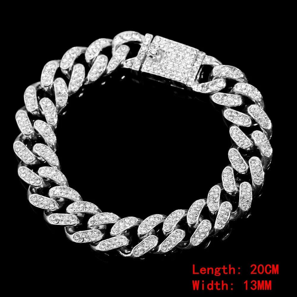 Hip Hop Iced Out Chain Women Men Cuban Bracelet High-Quality Full AAAA+ Rhinestones Miami Cuban Link Chain Bracelets Jewelry - DripVault