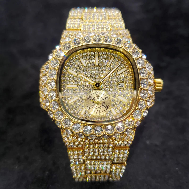Luxury Diamond Watch Men Hip Hop Street Petek Style Date Display Quartz Timepiece Iced Out Party Jewelry Wristwatch - DripVault