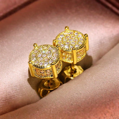 Luxury Gold Color Round CZ Stud Earrings Hip Hop Zircon Stud Earrings Piercing Ear Accessories Hiphop Trend Jewelry - DripVault