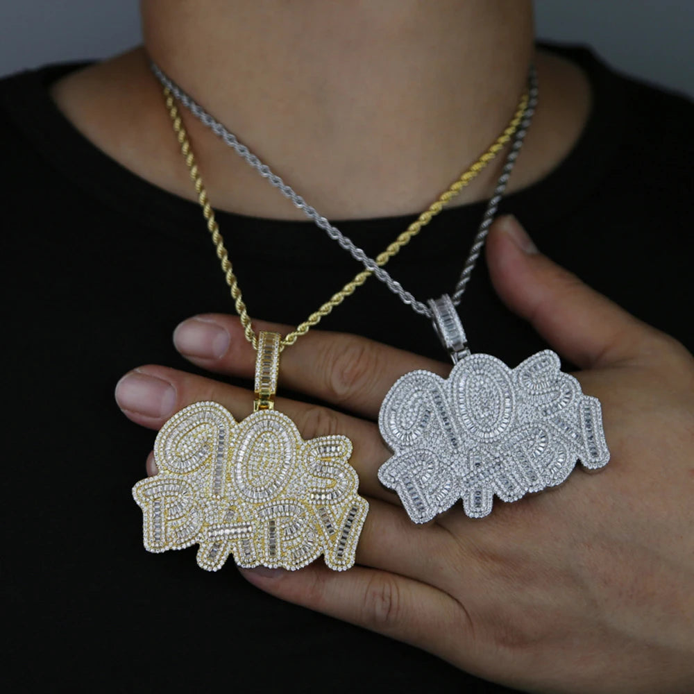 Iced Out Letter 90s Baby Prong Necklace Pendant for Men Silver Color Bling Cubic Zirconia Charm Hip Hop Jewelry - DripVault