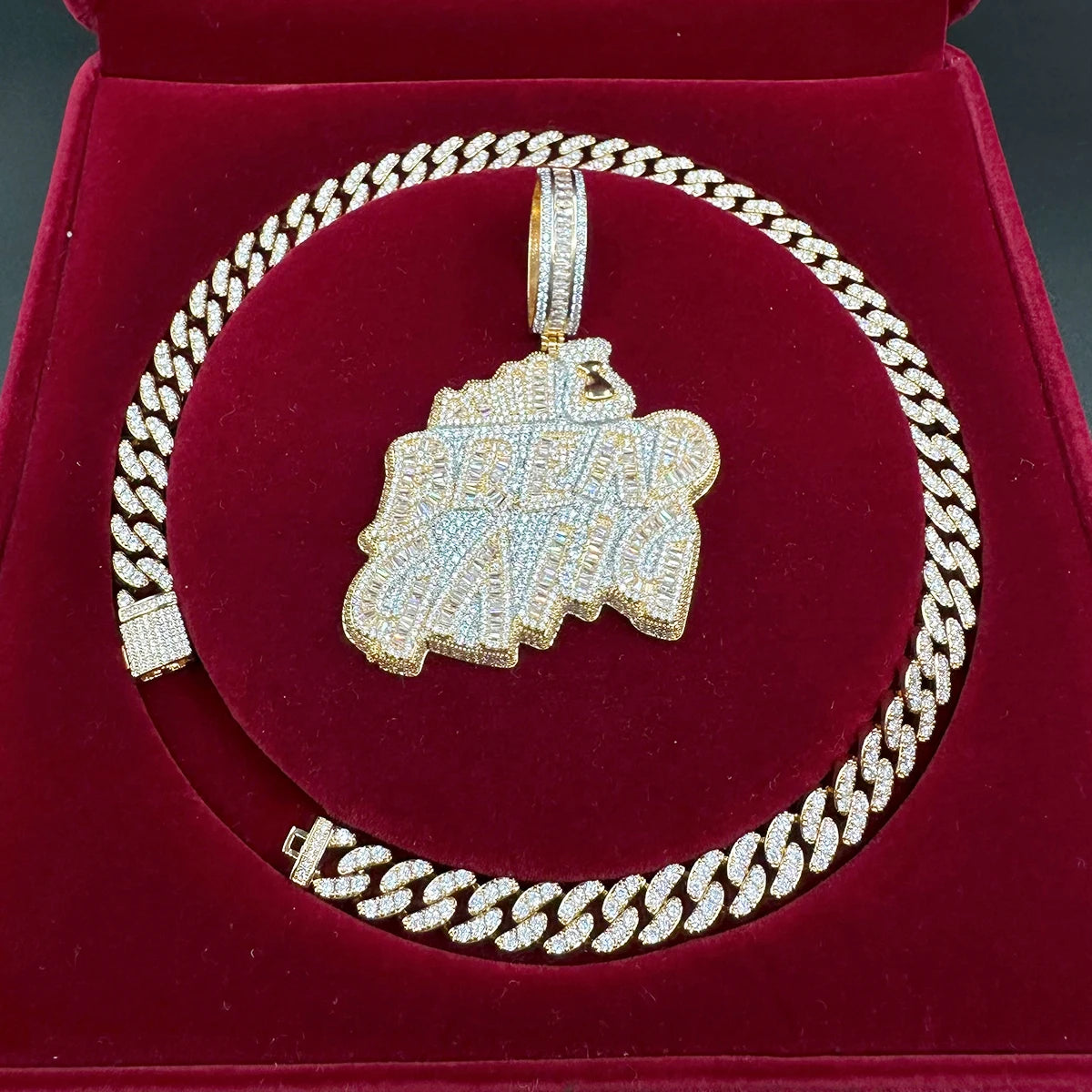Iced Out Pedant Bread Gang Necklace for Men Cubic Zirconia Baguette Double Color Hip Hop Jewelry - DripVault