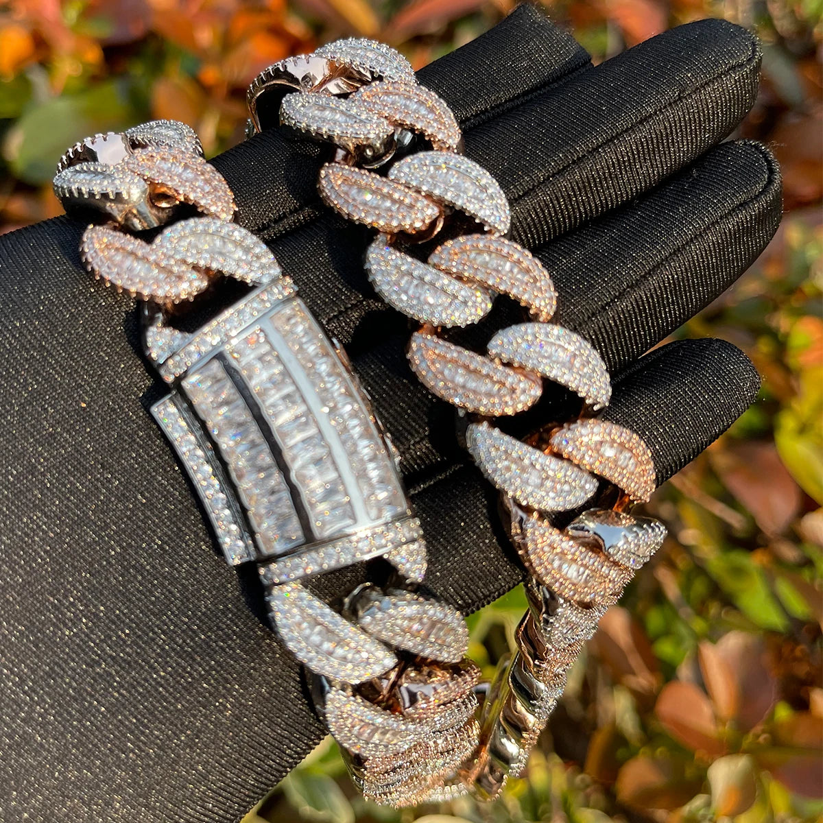 Bubble Letter Baguette Cuban Link Chain for Men Iced Out Prong Setting Necklace Choker Real Gold Plated Hip Hop Jewelry - DripVault